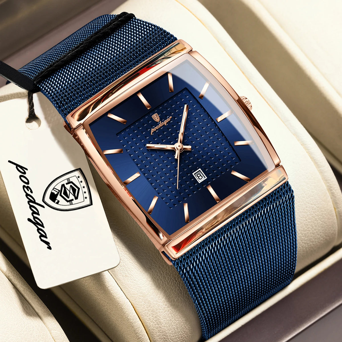 POEDAGAR men’s watch, luxury model, stainless steel mesh strap, date display, water-resistant, luminescent hands, casual style, rectangular case, quartz movement.