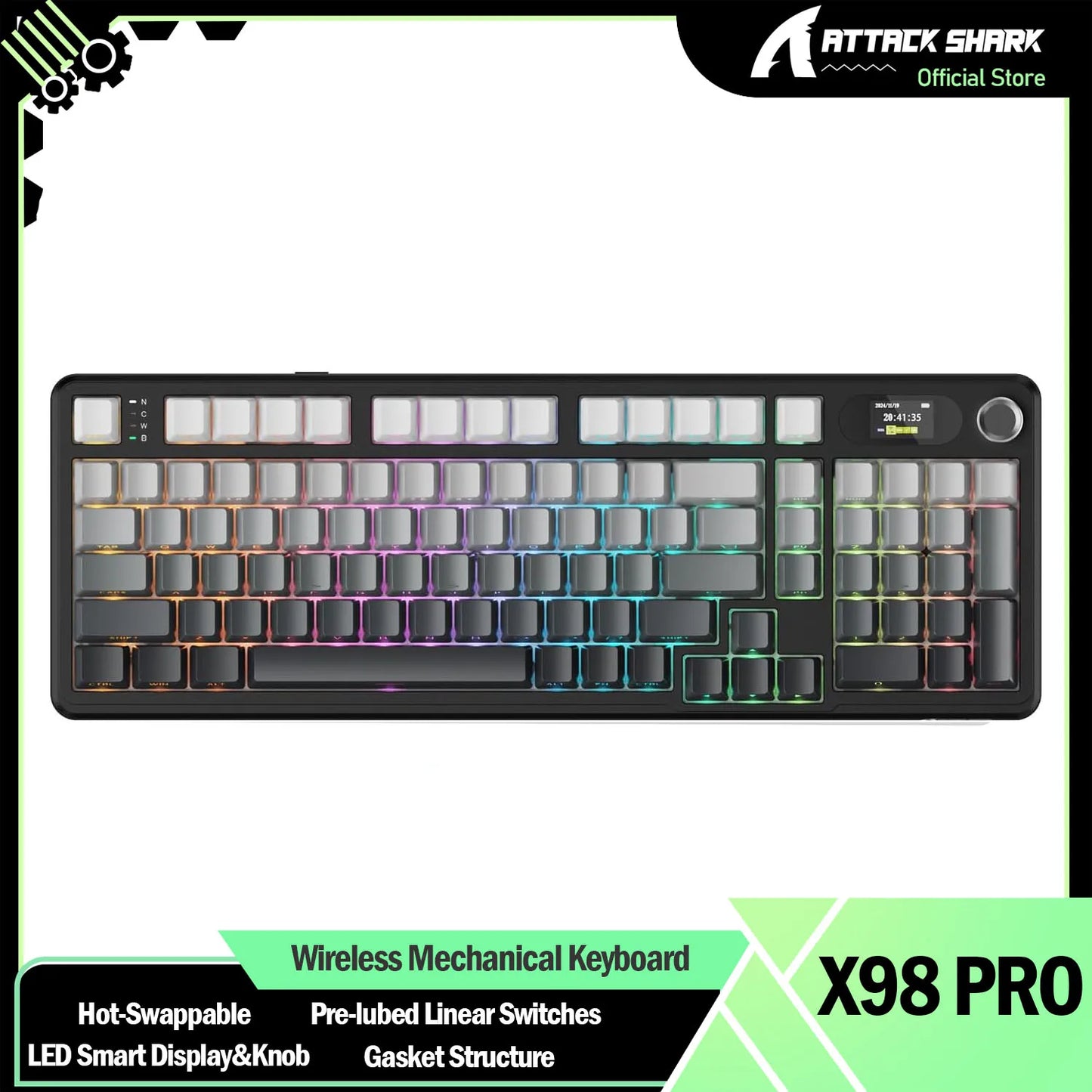 ATTACK SHARK X98 RGB Wireless Mechanical Keyboard, LED Smart Display & Knob, Hot Swappable, Pre-lubed Linear Switches