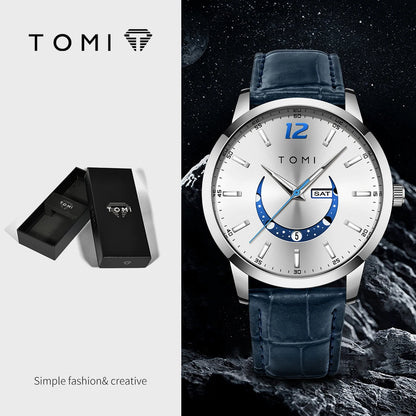 TOMI-kvartsur, elegant i affärsstil, med läderarmband, boett i legering och urtavla med visare – Exklusiv design, presentidé för män
