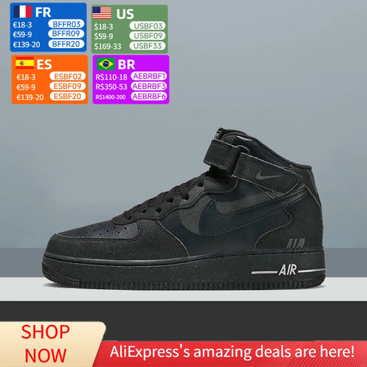 Baskets classiques unisexes Nike Air Force 1 Mid Top, confort rembourré et design résistant pour un style urbain décontracté DQ7666-001