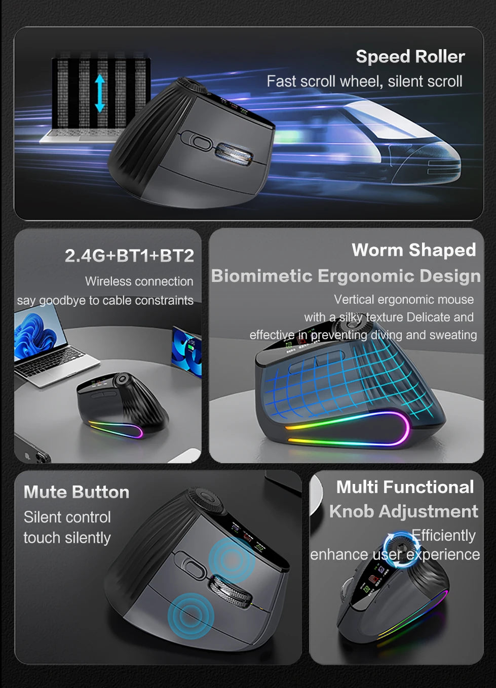 Backlit Wireless Ergonomic Mouse with Smart Flying Scroll, Function Adjustment Knob, Bluetooth & 2.4G Rechargeable Gaming Mouse
