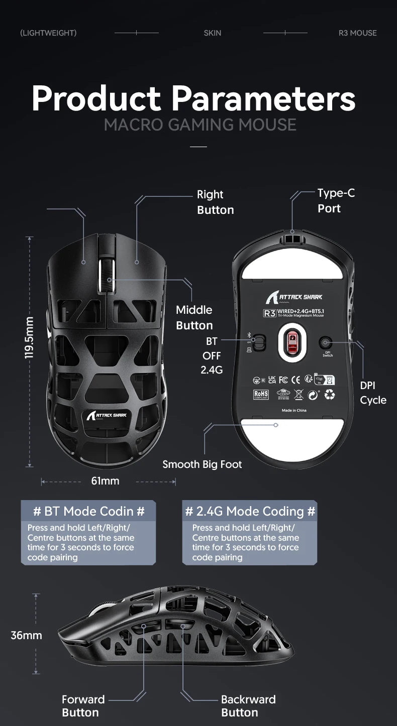 ATTACK SHARK R3 Gaming Mouse Magnesium Alloy Honeycomb, Ultra-Lightweight 8K Hz, PAW3395 Sensor, 26000 DPI, Ergonomic Shell