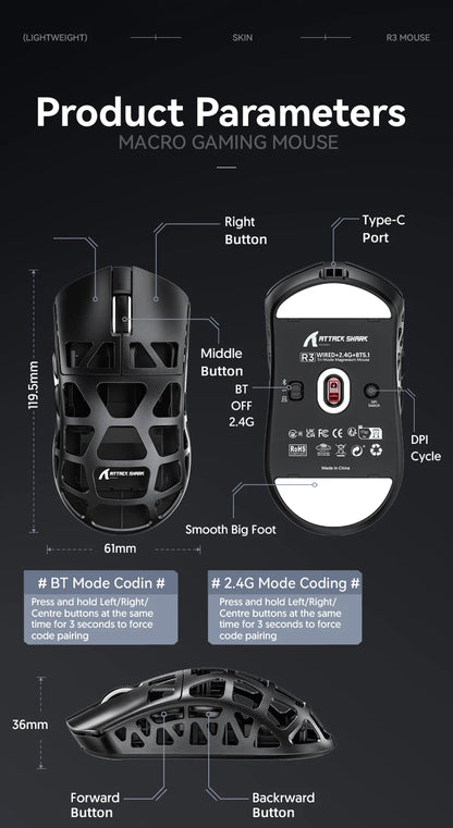 ATTACK SHARK R3 Gaming Mouse Magnesium Alloy Honeycomb, Ultra-Lightweight 8K Hz, PAW3395 Sensor, 26000 DPI, Ergonomic Shell