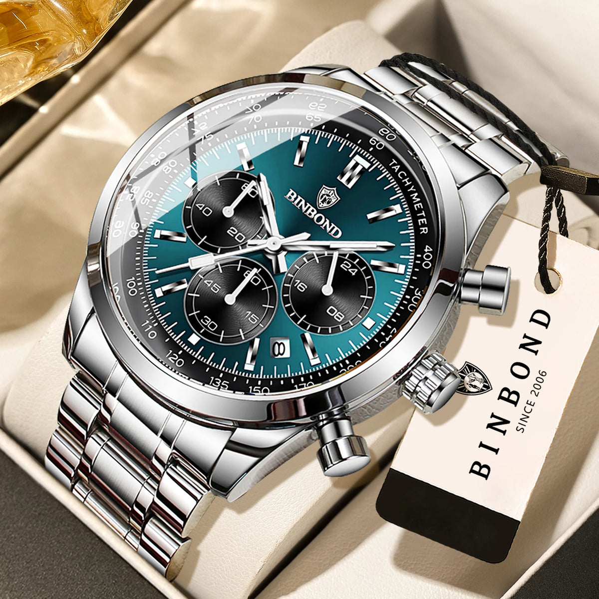 Reloj de cuarzo BINBOND para hombre, elegante, resistente y preciso, con fecha automática, cronógrafo, luminiscente y hermético. Estilo informal.