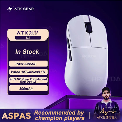NEW ATK U2 V2 Mini Ultimate Wireless Gaming Mouse Tri-model Lightweight PAW3950 Ultra 8KHz 500mAh Custom Ergonomic E-sports Mouse