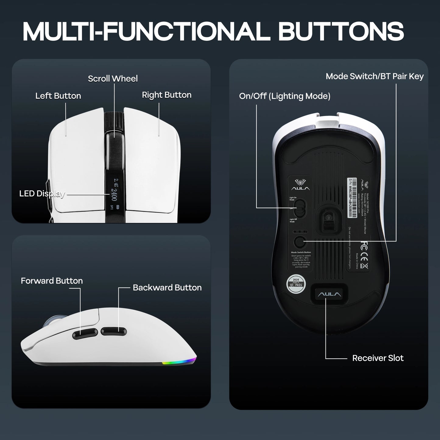 AULA SC590 PRO Wireless Gaming Mouse, Tri-Mode Bluetooth, 2.4GHz & Wired Gaming Mouse, 20000 DPI PAW3311 Sensor, 1000Hz Polling Rate RGB Gaming Mouse