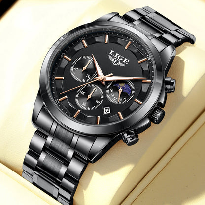 Zegarek męski LIGE – luksusowy chronograf kwarcowy, wodoodporny (3 bary), z luminescencyjnymi wskazówkami