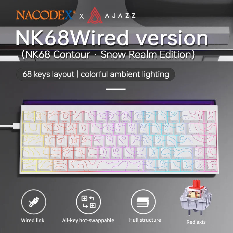 AJAZZ Mini 65% Gaming Mechanical Keyboard, 68 Keys with Red Switches, Compact Wired Office Keyboard, Stunning Lighting Effects, Self-Service Plug and Play, Supports Multiple Systems, Suitable for Gaming Mechanical Backlit Key