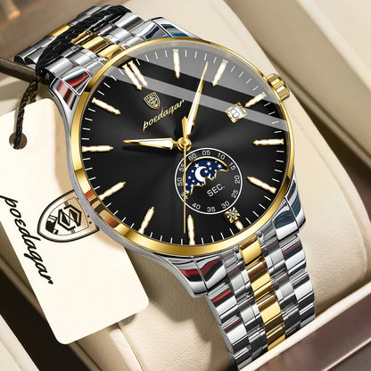 Reloj de lujo para hombre POEDAGAR, estilo informal, de acero inoxidable, de cuarzo, resistente al agua, luminiscente, con fecha, elegante.