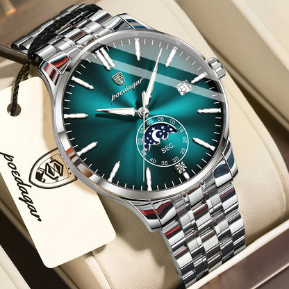 Reloj de lujo para hombre POEDAGAR, estilo informal, de acero inoxidable, de cuarzo, resistente al agua, luminiscente, con fecha, elegante.