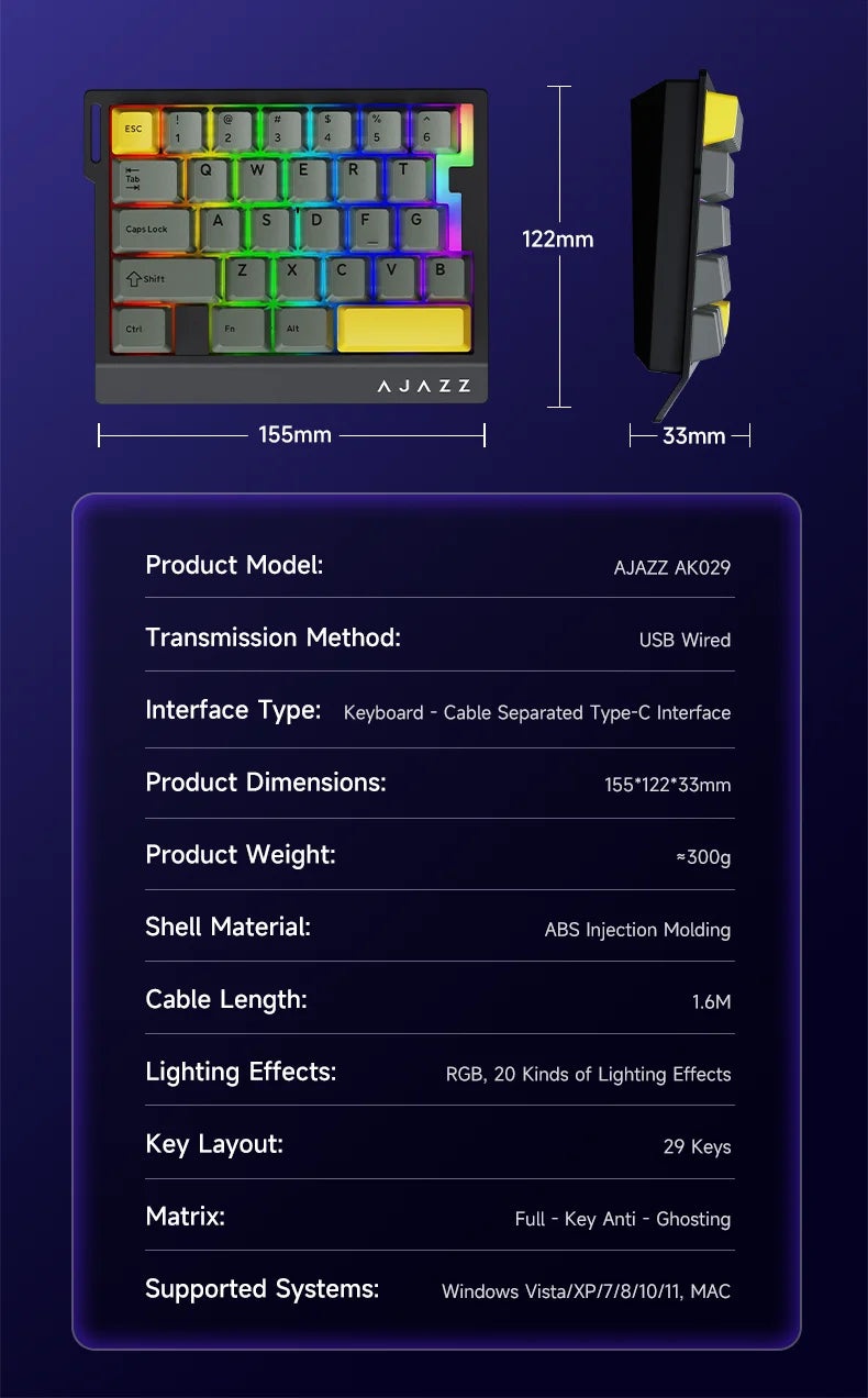 AJAZZ AK029 Wired One-Handed Gaming Keyboard with HE Magnetic Switch, 8000Hz RGB Mini Mechanical Keyboard, 29 Keys for PC Gaming