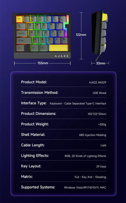 AJAZZ AK029 Wired One-Handed Gaming Keyboard with HE Magnetic Switch, 8000Hz RGB Mini Mechanical Keyboard, 29 Keys for PC Gaming