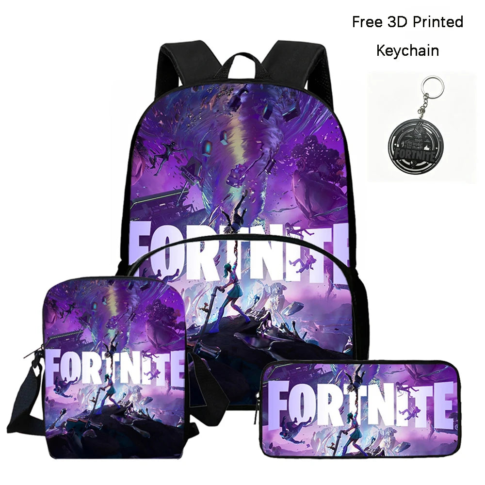FORTNITE 3Pcs School Backpack Set,Front Pocket Bag Crossbody Pencil Case,Age5-10 Boys Girls Lightweight,Free 3D Printed Keychain