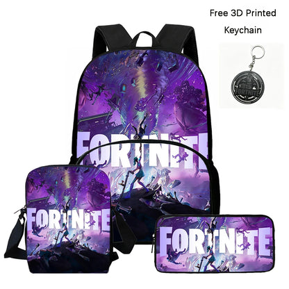 FORTNITE 3Pcs School Backpack Set,Front Pocket Bag Crossbody Pencil Case,Age5-10 Boys Girls Lightweight,Free 3D Printed Keychain