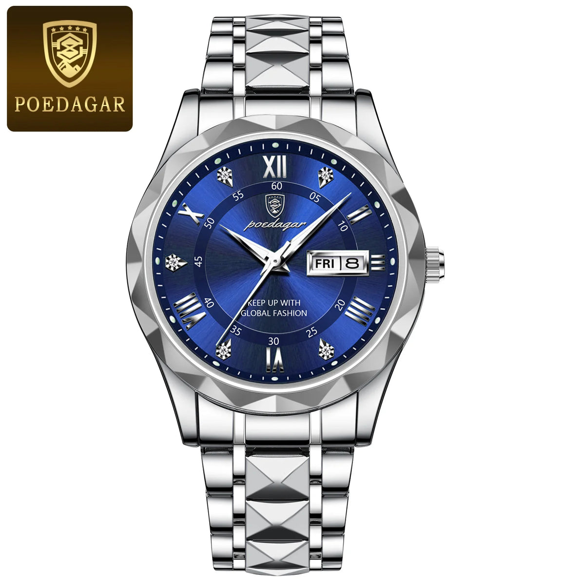 Męski zegarek POEDAGAR Business Luxury, wodoodporny, ze stali nierdzewnej, z podświetleniem, z datownikiem i wskaźnikiem dnia tygodnia, w stylu sportowym, na mechanizmie kwarcowym.
