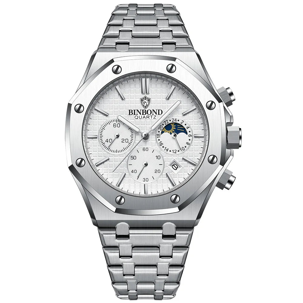 BINBONG B0161 Top Brand Man Business Quartz Watch Chronograph Wristwatch Stainless Steel Strap 30M Waterproof Luxury Men Watch