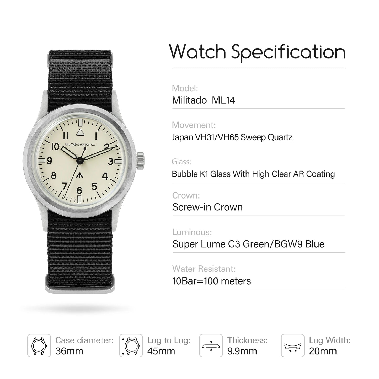 Militado New Ml14 Quartz Watches Man VH31 Sweep Movement K1 Or Sapphire 100M Waterproof Luminous 36Mm Vintage Military Watches