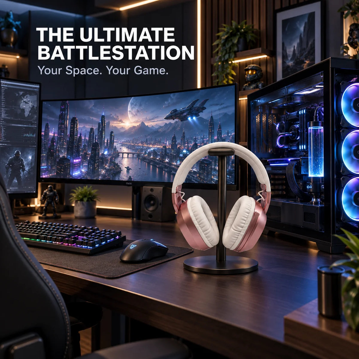 Casque de jeu, casque supra-auriculaire Bluetooth et filaire avec éclairage RGB, microphone, coussinets d’oreille souples pour jeux sur PC et mobile, couleur or rose.