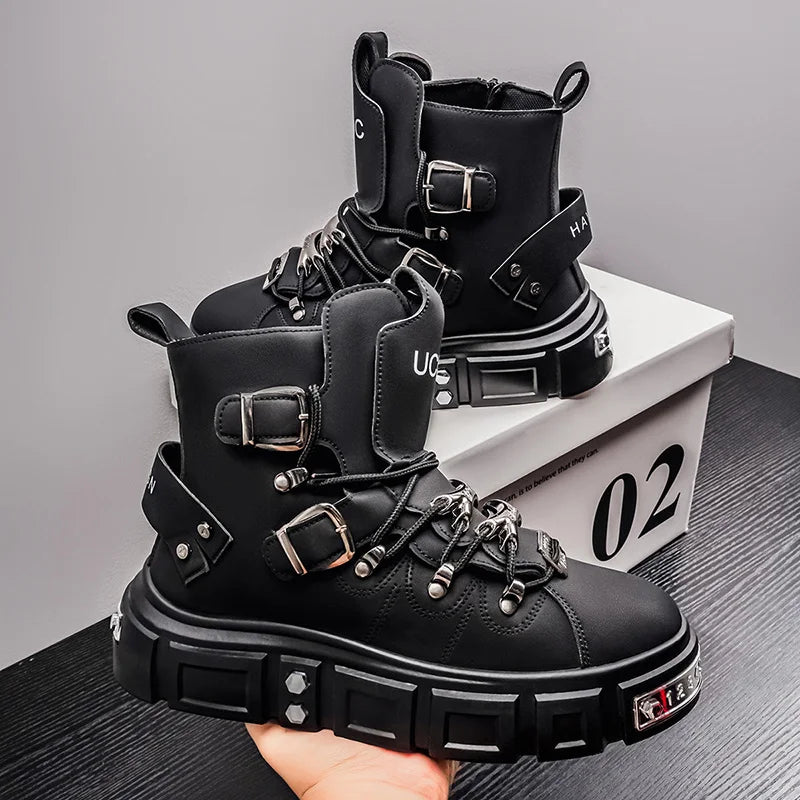 Baskets montantes noires à rivets, mode, pour homme, en cuir, design de luxe, chaussures de ville, style gothique et punk, bottes de moto pour homme, grandes tailles jusqu'à la taille 46