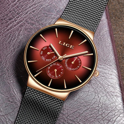 LIGE ženski sat, elegantan i u trendu – sportsko-ležeran stil, mrežasti remen, kvarcni mehanizam, prikaz datuma i dana, vodootporan.