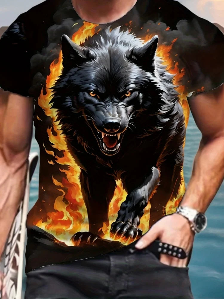 Ανδρικό T-shirt με 3D σχέδιο «Fire Wolf» και γραφικό τύπωμα, καλοκαιρινό, oversized, casual, ανδρική μόδα, γυμναστική, κοντομάνικο, ρούχα, μπλούζες