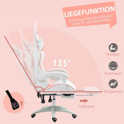 Ergonomic Gaming Chair, Reclinable Gamer Chair 135 ° , Footrest, Lumbar Cushion and Headrest, Adjustable Height, Pink
