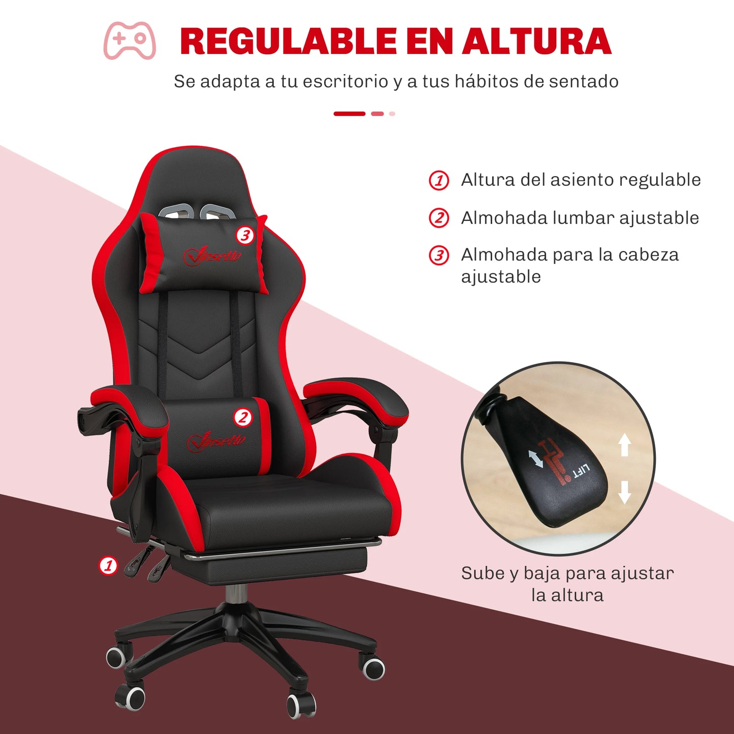 Vinsetto Ergonomic Reclining Gaming Chair 135°, PU Leather Racing Gamer Chair with Lumbar Support, Adjustable Height, Headrest and Retractable Footrest, for Office, Study, Black and Red