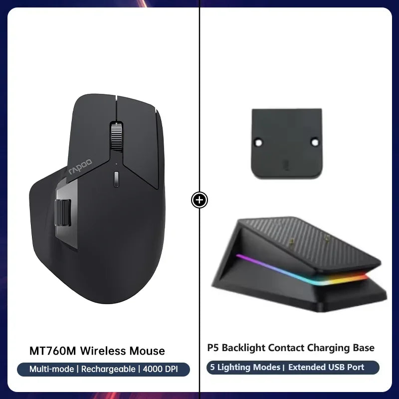 Rapoo MT760/MT760Mini Multi-mode Rechargeable Wireless Bluetooth Mouse Ergonomic 4000 DPI Supports Up to 4 Devices Office Mice