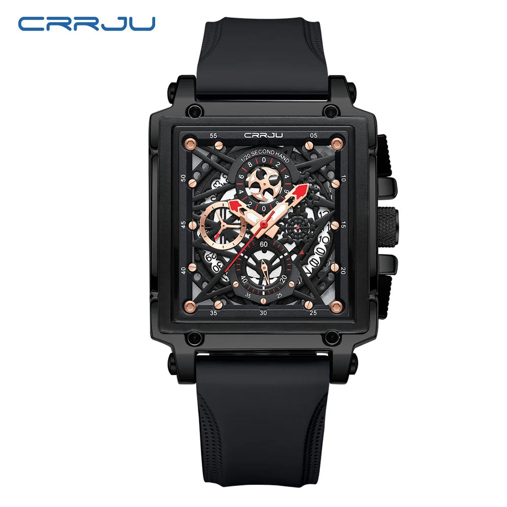 CRRJU Men's Sports Chronograph Wrist Watch For Men Army Silicone strap Square Quartz Stop Watch Clock Man Relogios Masculino