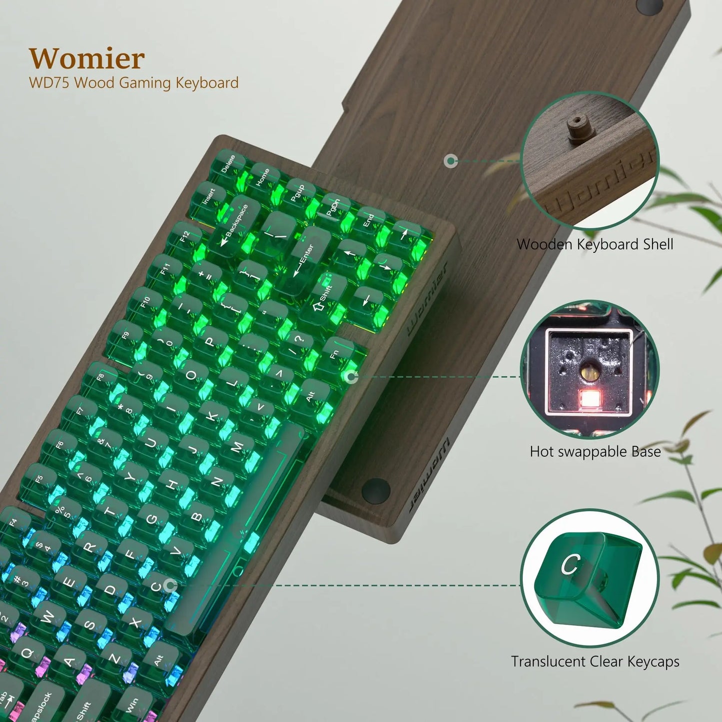 Womier WD75 QMK/VIA Gaming-Tastatur aus Holz, 8000mAh, kabellose mechanische Custom-RGB-Tastatur mit Tri-Mode und Hot-Swap-Funktion
