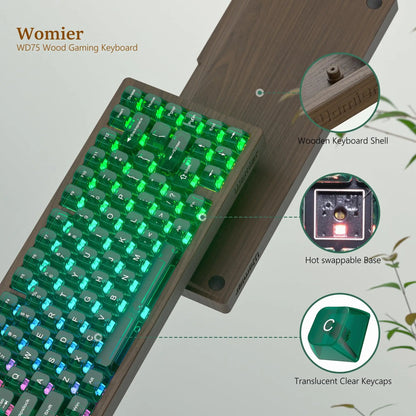 Womier WD75 QMK/VIA Gaming-Tastatur aus Holz, 8000mAh, kabellose mechanische Custom-RGB-Tastatur mit Tri-Mode und Hot-Swap-Funktion