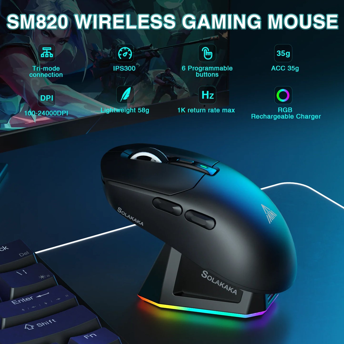 Mouse gaming wireless SOLAKAKA SM820 tri-mode, dock magnetic reîncărcabil, RGB, PAW3311, 24000DPI, macro, ultra-ușor