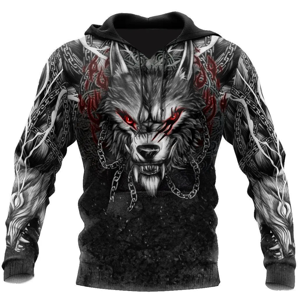 Oversized Tattoo Skeleton Cross Terror Red 3D Printed Men's Hoodie Sweatshirt Casual Tracksuits Raven Bad Wolf Animal Clothing