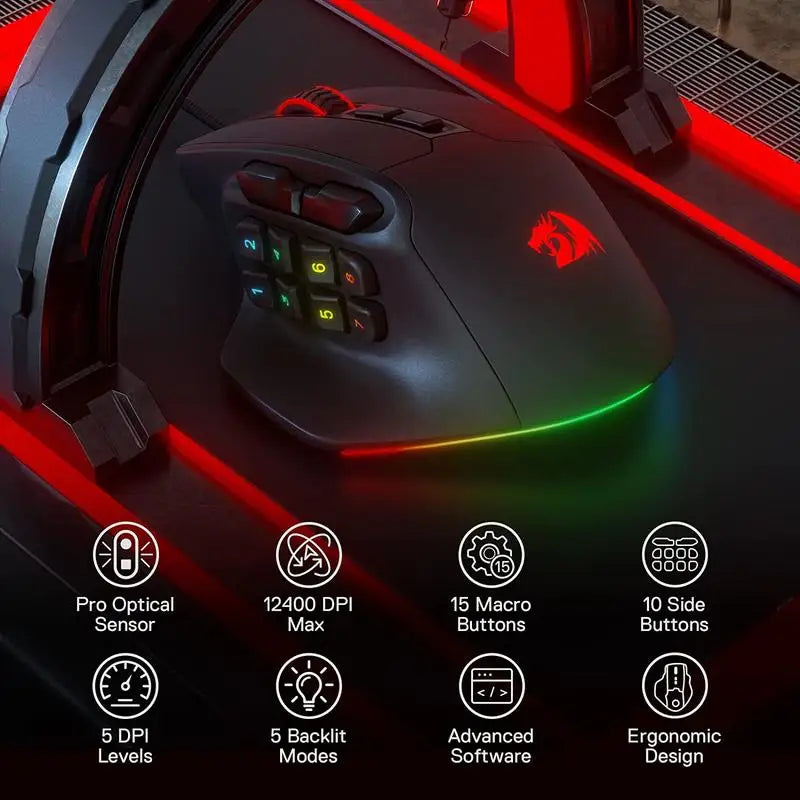 Redragon M811 Aatrox MMO -pelihiiri, 15 ohjelmoitavaa painiketta, langallinen RGB-pelihiiri ergonomisella luonnollisella otteella