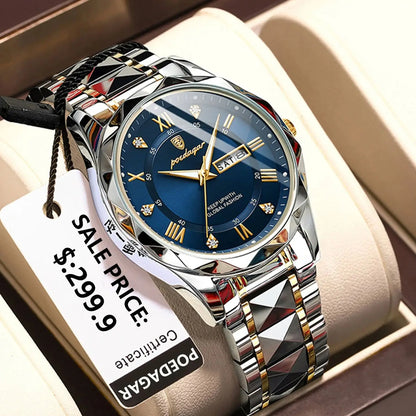 Męski zegarek POEDAGAR Business Luxury, wodoodporny, ze stali nierdzewnej, z podświetleniem, z datownikiem i wskaźnikiem dnia tygodnia, w stylu sportowym, na mechanizmie kwarcowym.