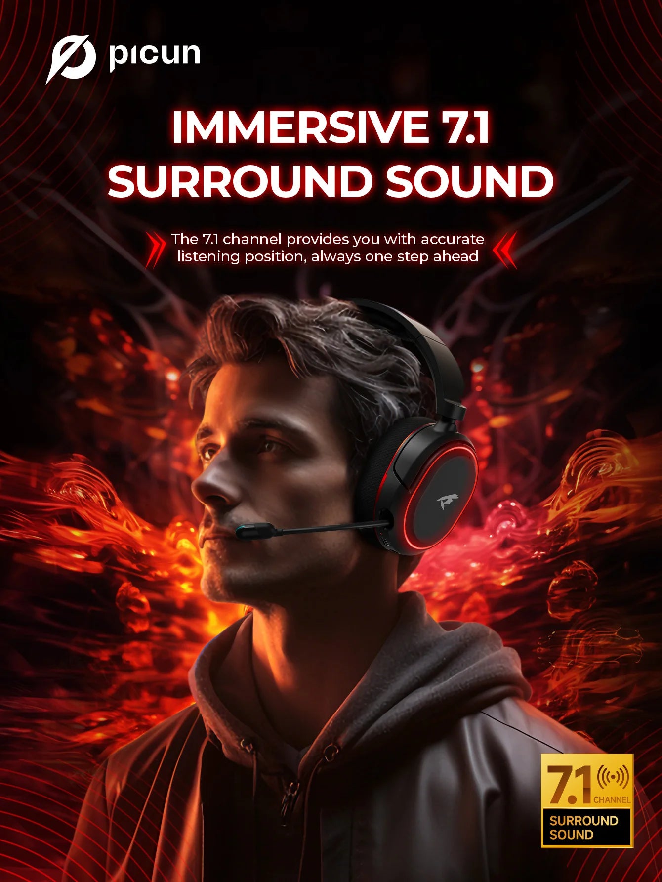 Picun G2 Wireless Gaming Headset Bluetooth 5.3, 7.1 Surround Sound Gaming Headphones, 2.4G Low Latency Wireless Gaming Headset with ENC Microphone for PC, PS5, PS4, Switch & Mobile