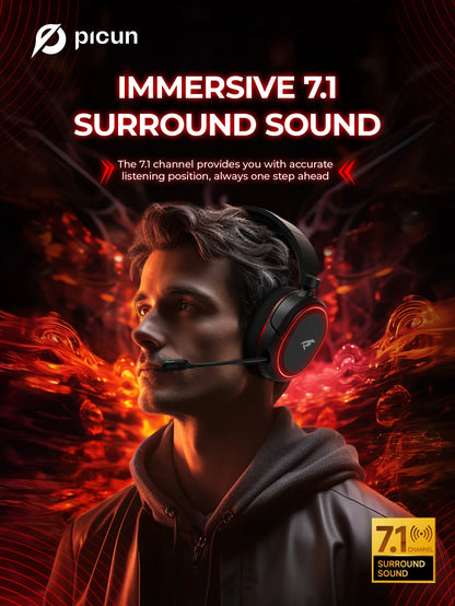 Picun G2 Wireless Gaming Headset Bluetooth 5.3, 7.1 Surround Sound Gaming Headphones, 2.4G Low Latency Wireless Gaming Headset with ENC Microphone for PC, PS5, PS4, Switch & Mobile