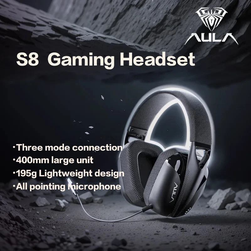 AULA S8 Gaming Headset Triple-Mode Wireless Bluetooth 5.3 Gaming Headset with Detachable Microphone, Lightweight Gaming Headset for PC, PS5, Switch & Mobile