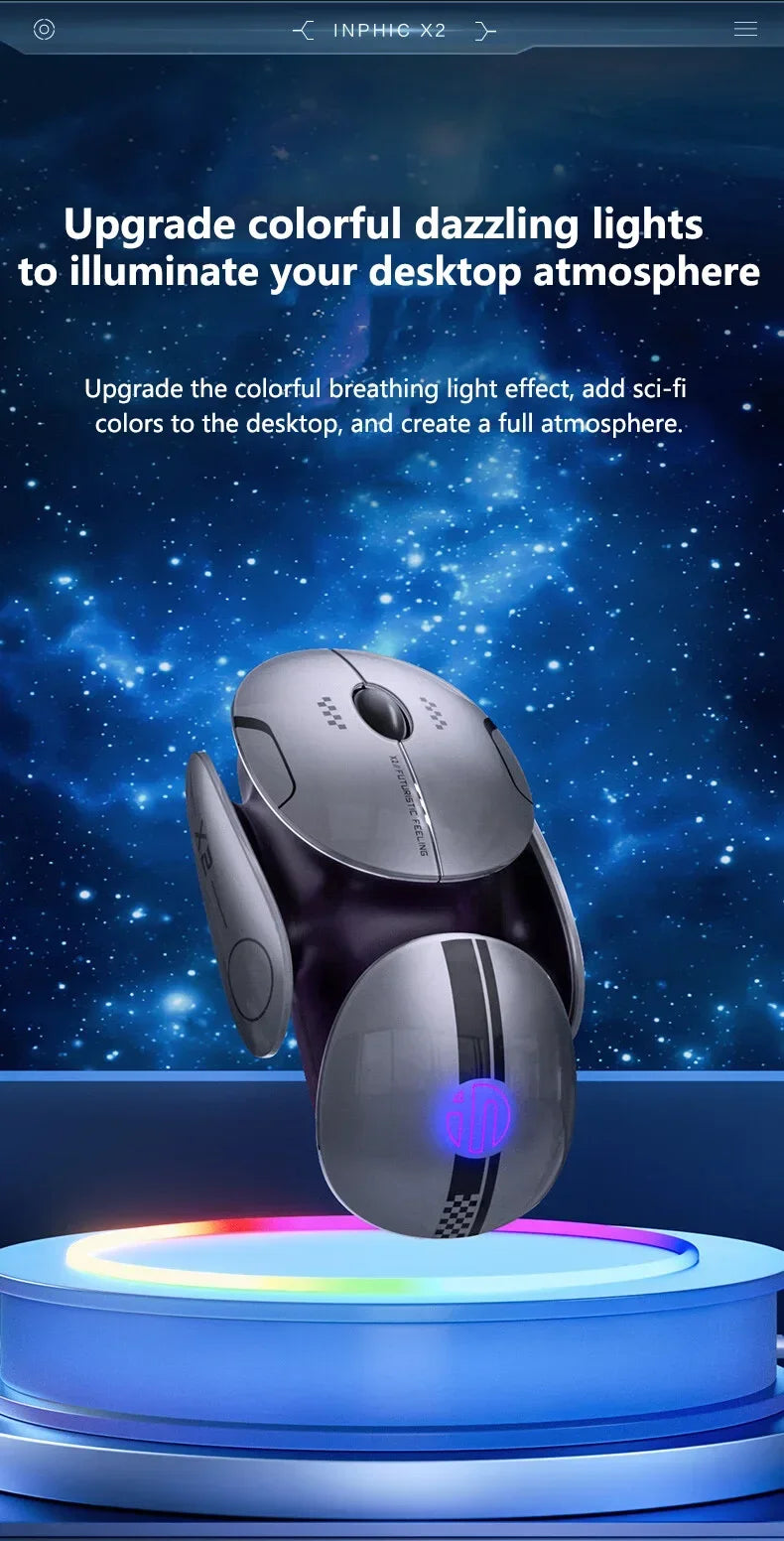 Mouse wireless Bluetooth in metallo Inphic X2 tri-mode, silenzioso, ricaricabile, e-sport, retroilluminato, per gaming, PC e laptop, idea regalo