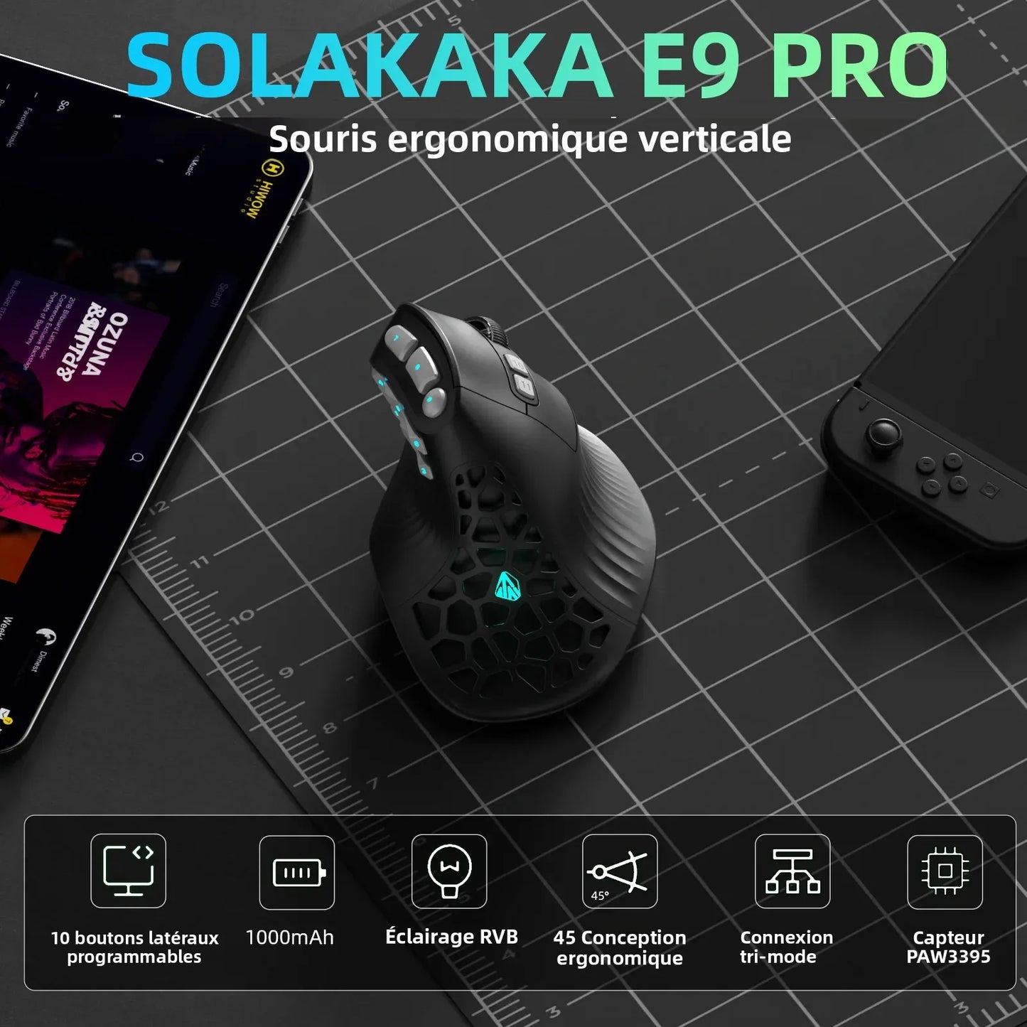 SOLAKAKA E9 Pro MMO Vertical Mouse PAW3395 Sensor 1000mAh Battery 45° Vertical Grip Ergonomic Mouse 8K Gaming Mouse