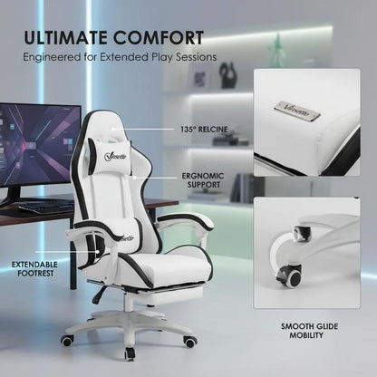 Leather Gaming Chair 135° Reclining with Retractable 360° Swivel Height Ergonomic White Contrast Edge Office Chair 120KG Capacity