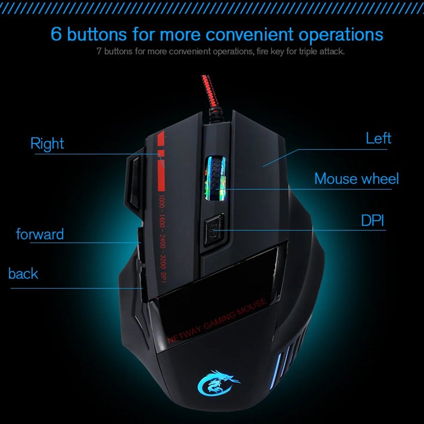 Professional Gaming Wired Mouse Seven-key Backlit Mouse 5500 DPI Fast Move Five Levels of Adjustable DPI Ergonomic Optical Mouse