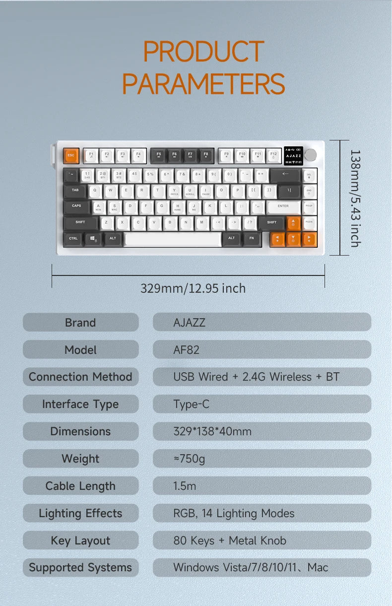 AJAZZ AF82 Office Low-Profile-Tastatur RGB kabelgebundene/kabellose Gaming-Tastatur 75%-Layout 82 Tasten 4000mAh Akku für Win/Mac