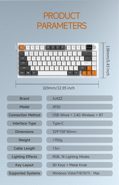 AJAZZ AF82 Office Low-Profile-Tastatur RGB kabelgebundene/kabellose Gaming-Tastatur 75%-Layout 82 Tasten 4000mAh Akku für Win/Mac