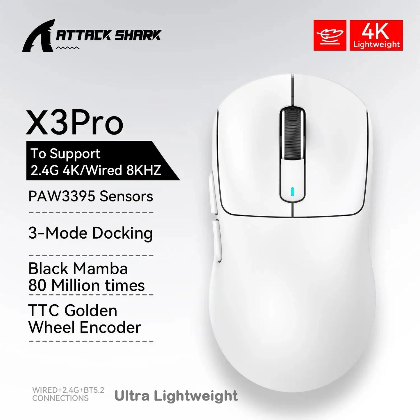 ATTACK SHARK X3/X3PRO 4K/8K trådlös gamingmus, 26K DPI, tri-mode (trådbunden/2.4GHz/BT5.2), lätt, PAW3395-sensor för gamers