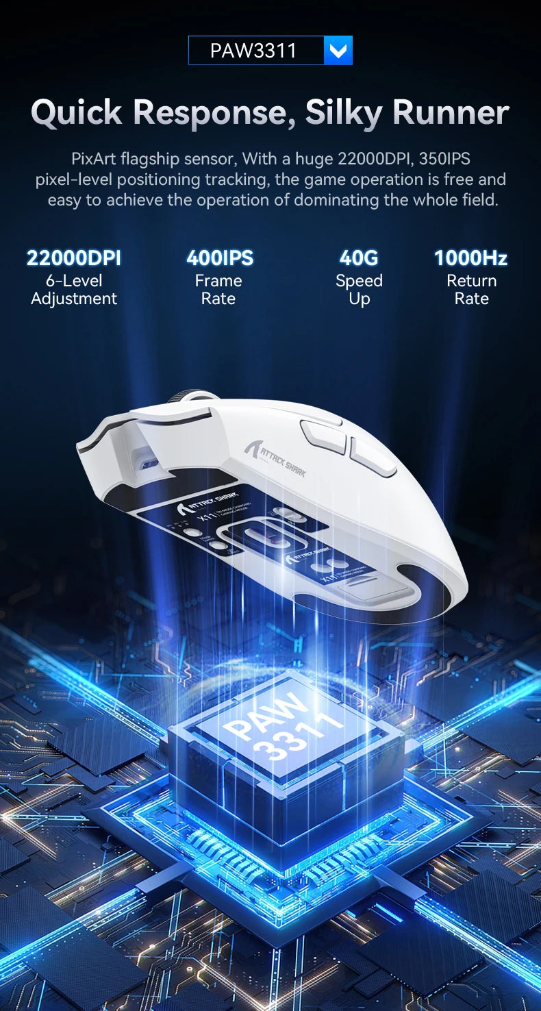 ATTACK SHARK X11 lätt trådlös gamingmus med RGB-bakgrundsbelyst laddning, upp till 22K DPI, optisk PAW3311-sensor, HUYU-brytare