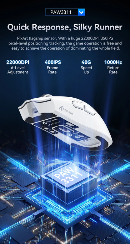ATTACK SHARK X11 lätt trådlös gamingmus med RGB-bakgrundsbelyst laddning, upp till 22K DPI, optisk PAW3311-sensor, HUYU-brytare