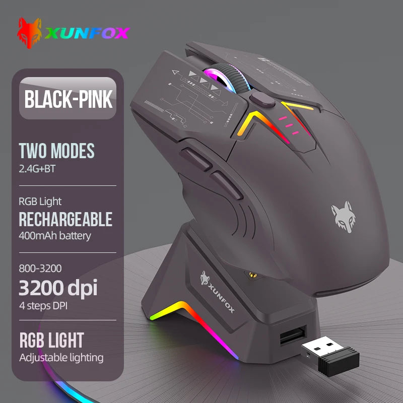 XUNSVFOX H2 Wireless Bluetooth Dual-Mode Mouse with RGB Lighting Effect for Laptop Gaming and Office, Magnetic Charging