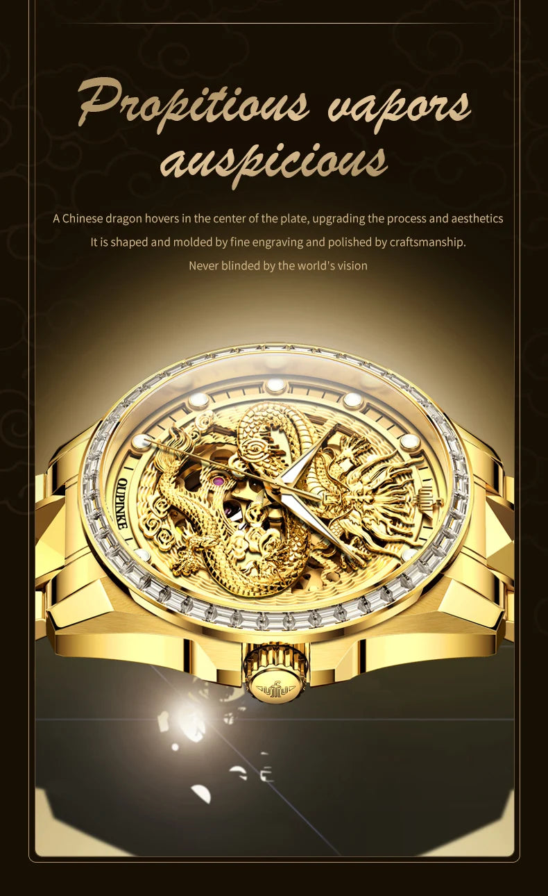 OUPINKE Men's Watches Top Brand Luxury Gold Tungsten Steel Original Automatic Mechanical Wristwatch Featured Dragon Pattern Dial