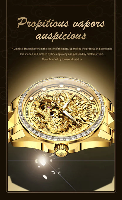 OUPINKE Men's Watches Top Brand Luxury Gold Tungsten Steel Original Automatic Mechanical Wristwatch Featured Dragon Pattern Dial